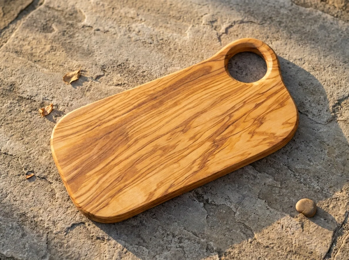 The Alba olive wood board, whole, on a stone surface in morning light