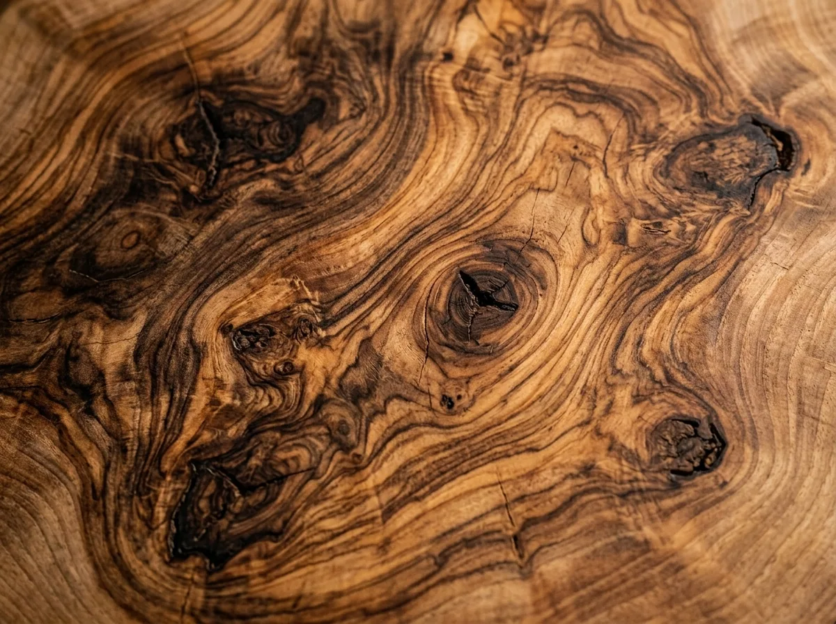 Macro of an old olive trunk, the grain twisting around old branch scars