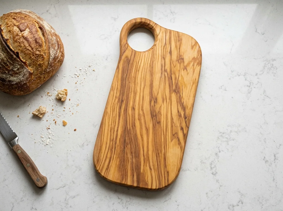 The board on a kitchen counter beside a loaf of bread